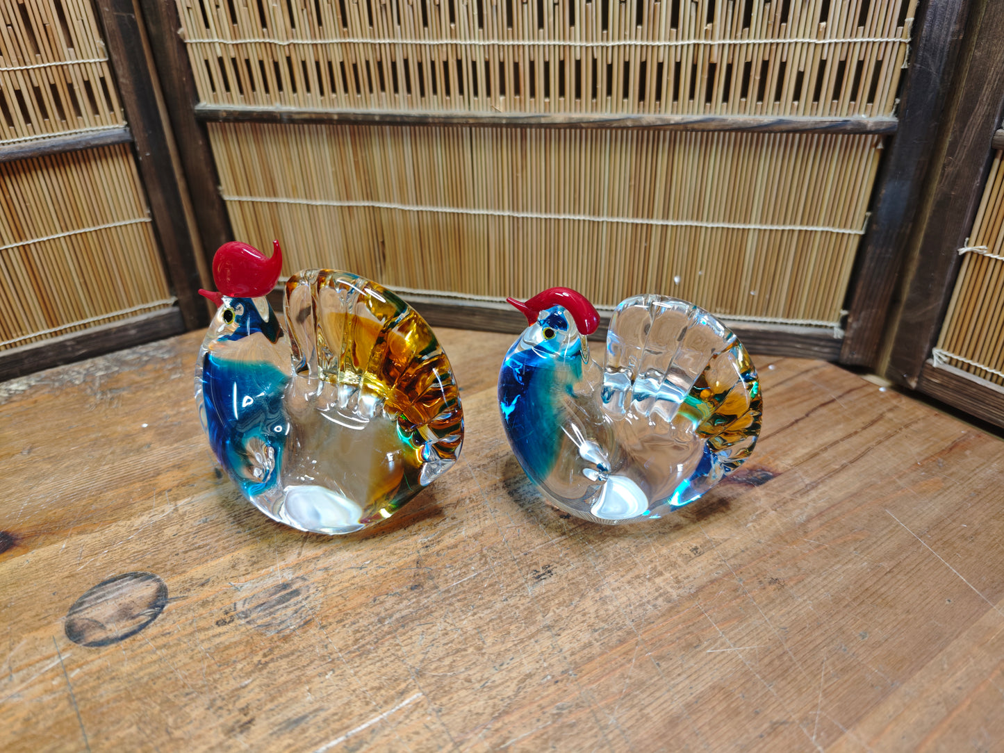 1970s Japanese Hand Blown Art Glass Rooster Pair Heavy Crystal Decor