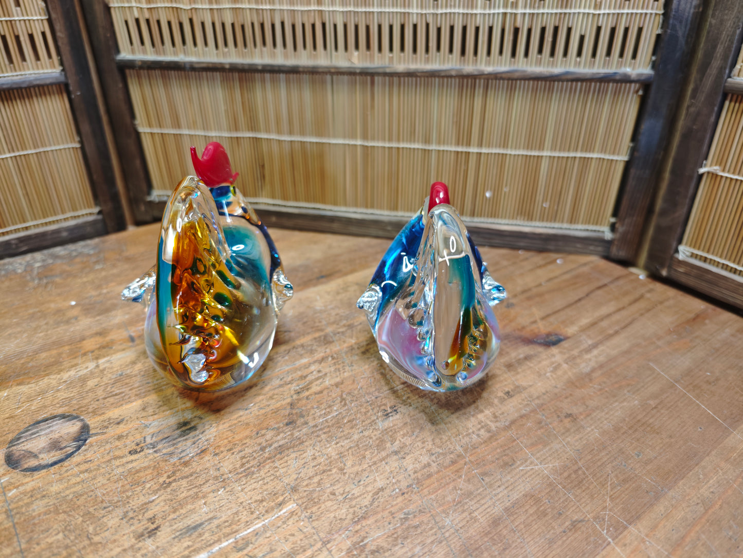 1970s Japanese Hand Blown Art Glass Rooster Pair Heavy Crystal Decor