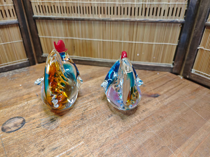 1970s Japanese Hand Blown Art Glass Rooster Pair Heavy Crystal Decor