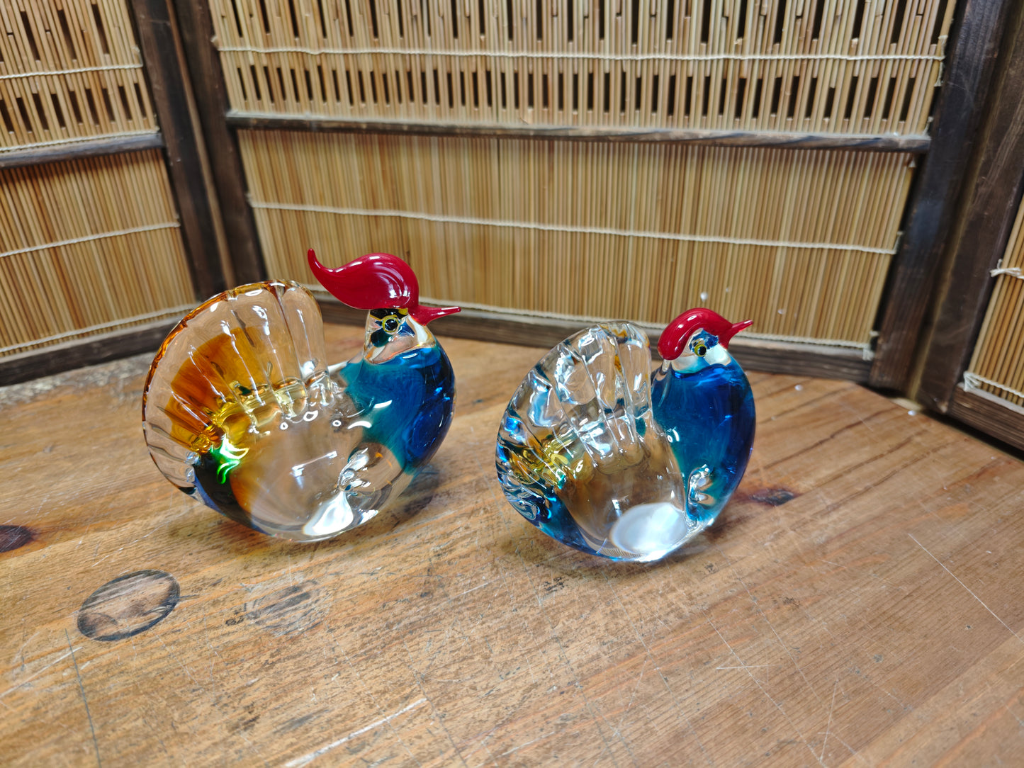 1970s Japanese Hand Blown Art Glass Rooster Pair Heavy Crystal Decor