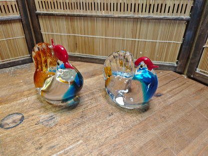 1970s Japanese Hand Blown Art Glass Rooster Pair Heavy Crystal Decor