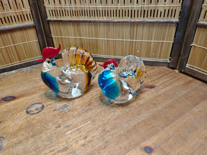 1970s Japanese Hand Blown Art Glass Rooster Pair Heavy Crystal Decor