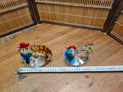 1970s Japanese Hand Blown Art Glass Rooster Pair Heavy Crystal Decor