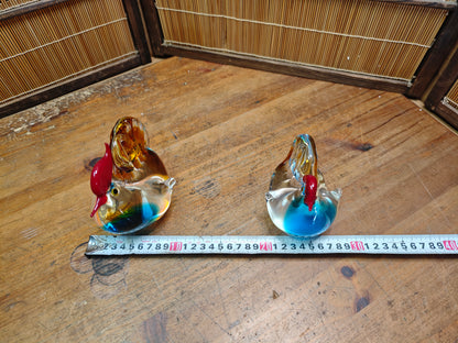 1970s Japanese Hand Blown Art Glass Rooster Pair Heavy Crystal Decor