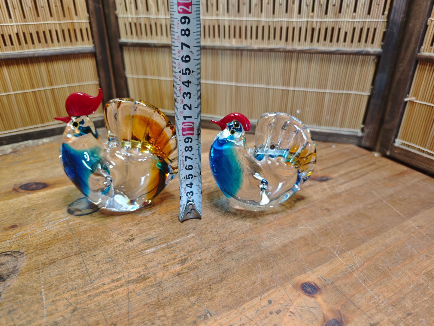 1970s Japanese Hand Blown Art Glass Rooster Pair Heavy Crystal Decor