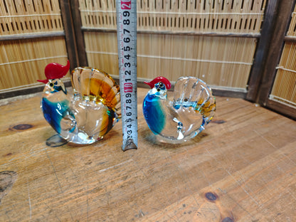 1970s Japanese Hand Blown Art Glass Rooster Pair Heavy Crystal Decor