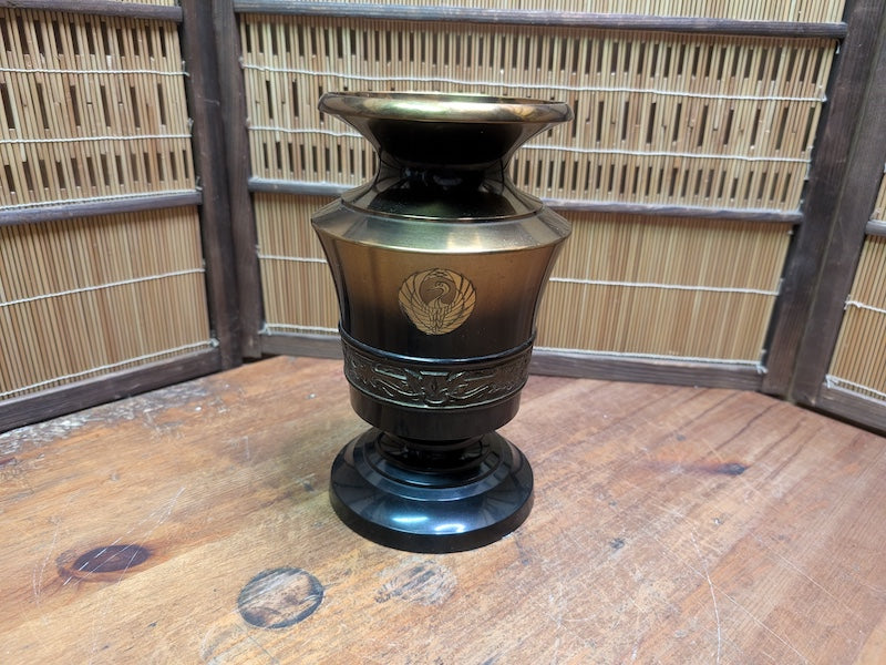 Japanese Vintage Brass Bronze Vase Kamon Emblem Heavy Metal Art
