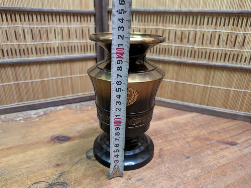 Japanese Vintage Brass Bronze Vase Kamon Emblem Heavy Metal Art