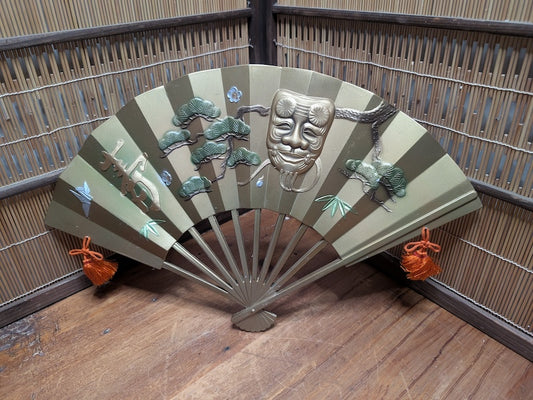 Vintage Japanese Wall Hanging Fan Noh Mask Tokonoma Tea Room Decor