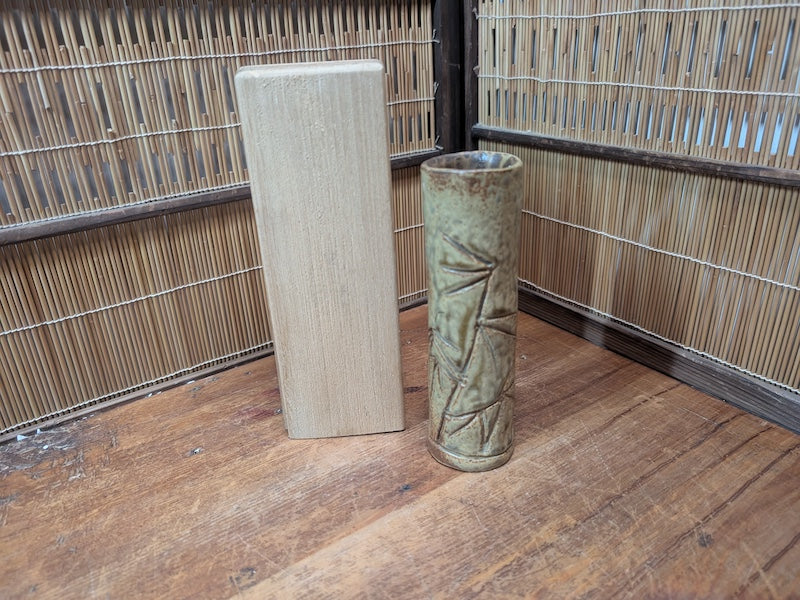 Vintage Japanese Bamboo Motif Ceramic Vase Signed Ikebana Art Pottery