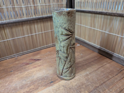 Vintage Japanese Bamboo Motif Ceramic Vase Signed Ikebana Art Pottery