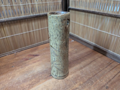 Vintage Japanese Bamboo Motif Ceramic Vase Signed Ikebana Art Pottery