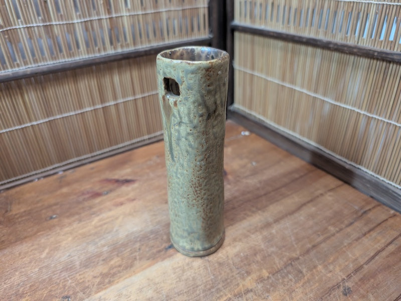 Vintage Japanese Bamboo Motif Ceramic Vase Signed Ikebana Art Pottery