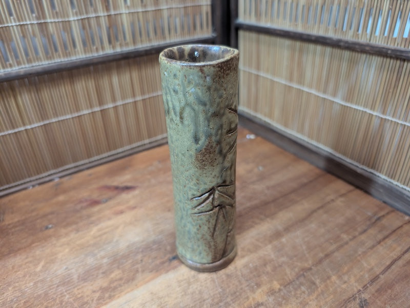 Vintage Japanese Bamboo Motif Ceramic Vase Signed Ikebana Art Pottery