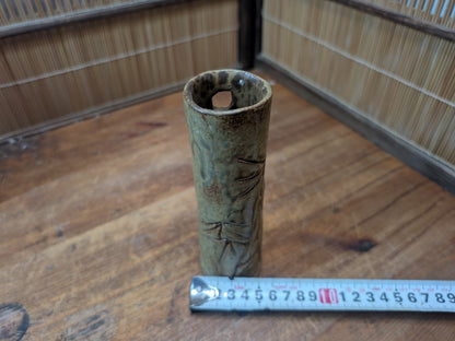 Vintage Japanese Bamboo Motif Ceramic Vase Signed Ikebana Art Pottery