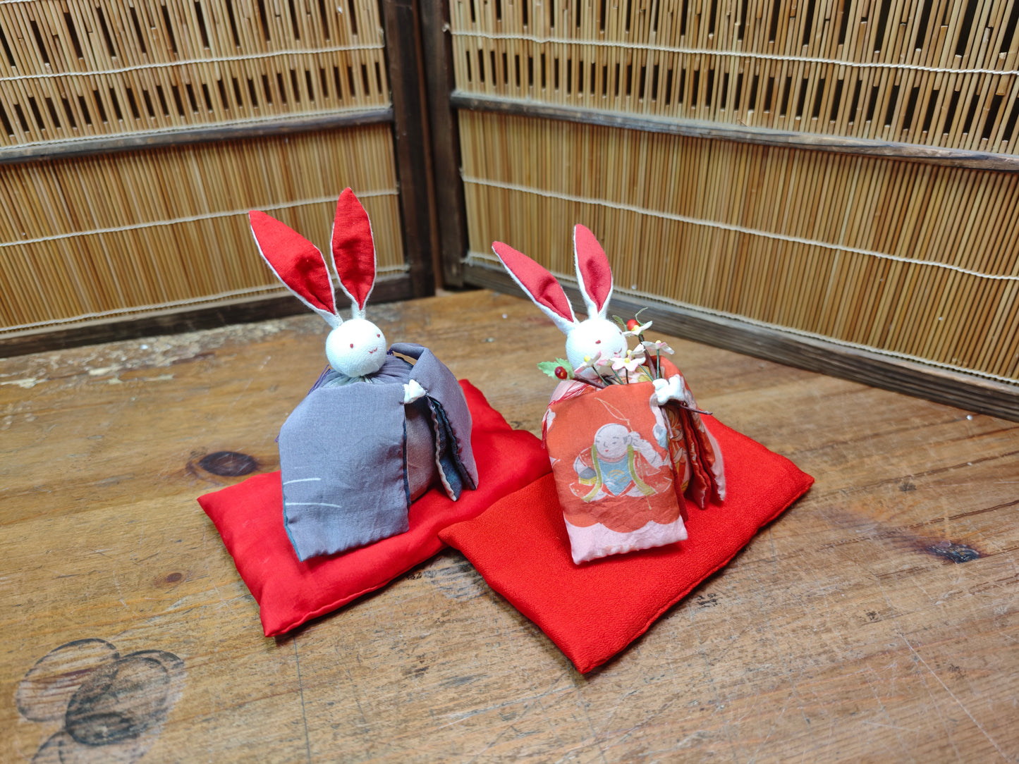Vintage Japanese Fabric Rabbit Hina Dolls Traditional Set