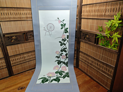 Vintage Japanese Kakejiku Hanging Scroll Somemono Wall Art Roses & Wheel