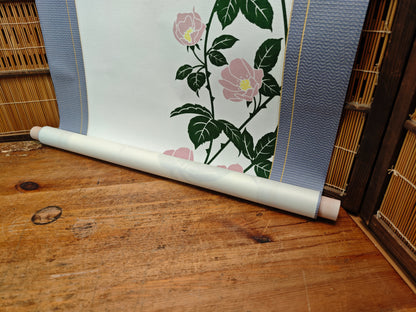 Vintage Japanese Kakejiku Hanging Scroll Somemono Wall Art Roses & Wheel