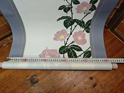 Vintage Japanese Kakejiku Hanging Scroll Somemono Wall Art Roses & Wheel
