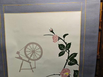 Vintage Japanese Kakejiku Hanging Scroll Somemono Wall Art Roses & Wheel