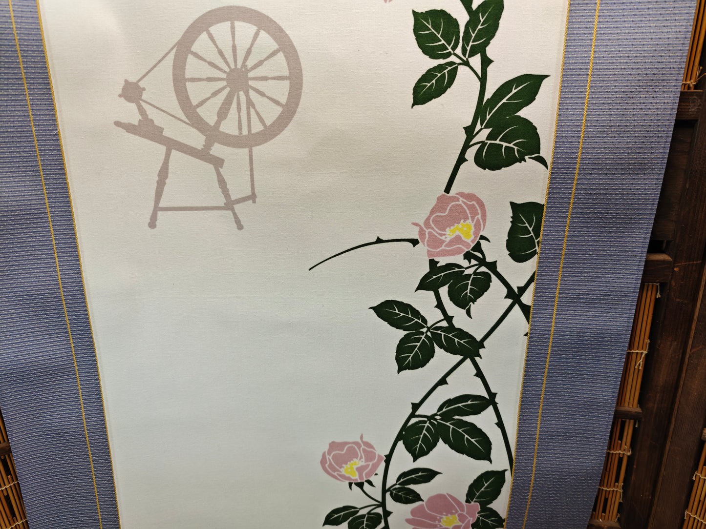 Vintage Japanese Kakejiku Hanging Scroll Somemono Wall Art Roses & Wheel