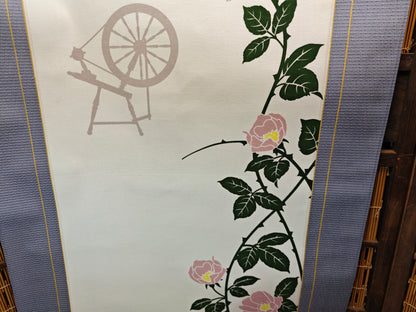 Vintage Japanese Kakejiku Hanging Scroll Somemono Wall Art Roses & Wheel