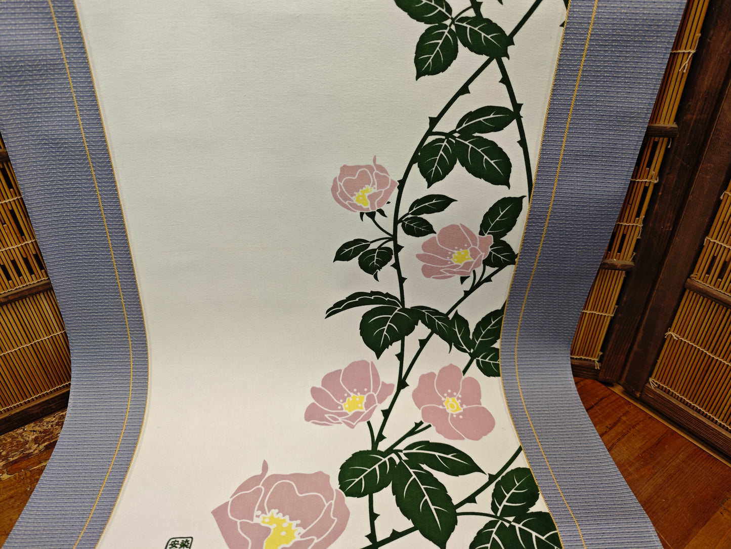 Vintage Japanese Kakejiku Hanging Scroll Somemono Wall Art Roses & Wheel