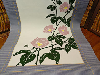 Vintage Japanese Kakejiku Hanging Scroll Somemono Wall Art Roses & Wheel