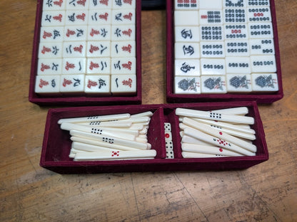Vintage Japanese Mahjong Pai Game Set Resin & Bamboo Tiles wood Case
