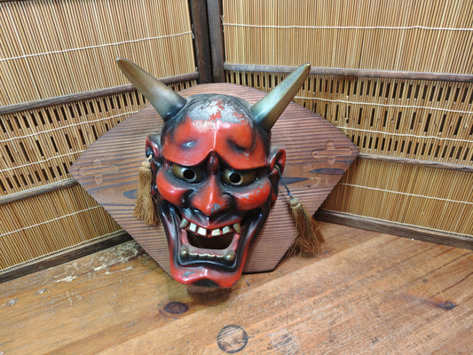 Vintage Japanese Oni Devil Mask Ceramic Wall Hanging Folk Art Japan