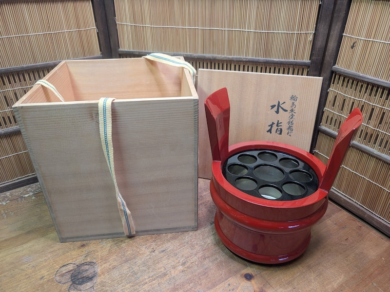 Vintage Japanese Red Lacquer Mizusashi Tea Ceremony Water Jar Wood Box