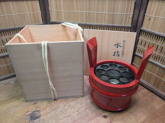 Vintage Japanese Red Lacquer Mizusashi Tea Ceremony Water Jar Wood Box