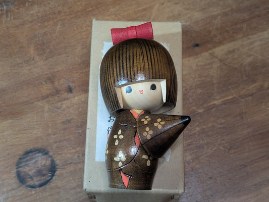 Vintage Japanese Kokeshi Doll 1970s Handmade Wooden Kimono Figure With Box