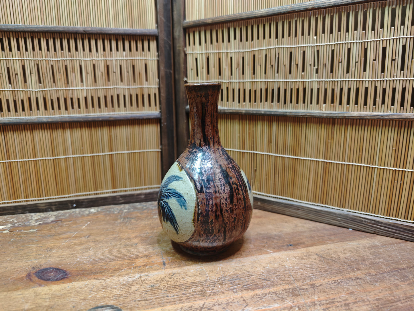 Vintage Okinawa Double Gourd Vase Hand Painted Ceramic Folk Art Japan