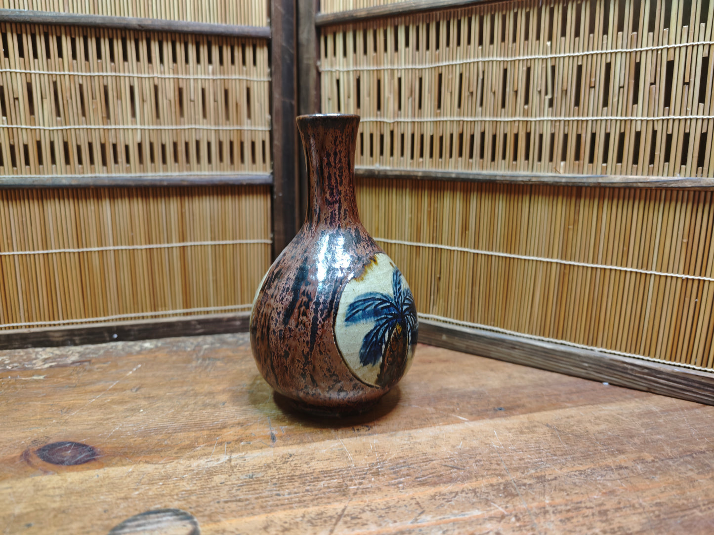 Vintage Okinawa Double Gourd Vase Hand Painted Ceramic Folk Art Japan