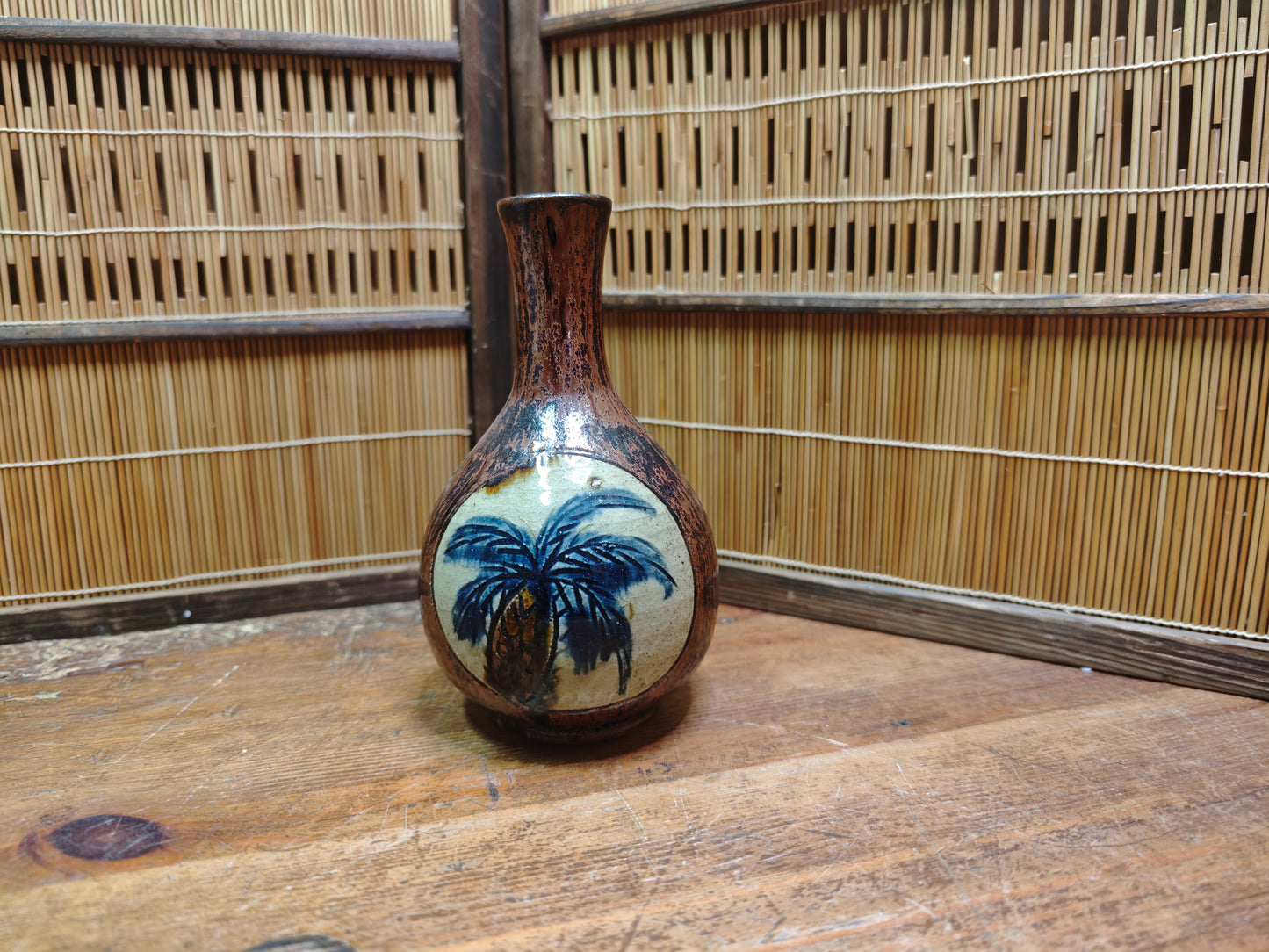 Vintage Okinawa Double Gourd Vase Hand Painted Ceramic Folk Art Japan