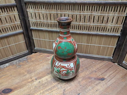 Japanese Vintage Okinawa Double Gourd Ceramic Vase Hand Painted Pottery