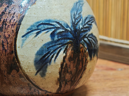 Vintage Okinawa Double Gourd Vase Hand Painted Ceramic Folk Art Japan