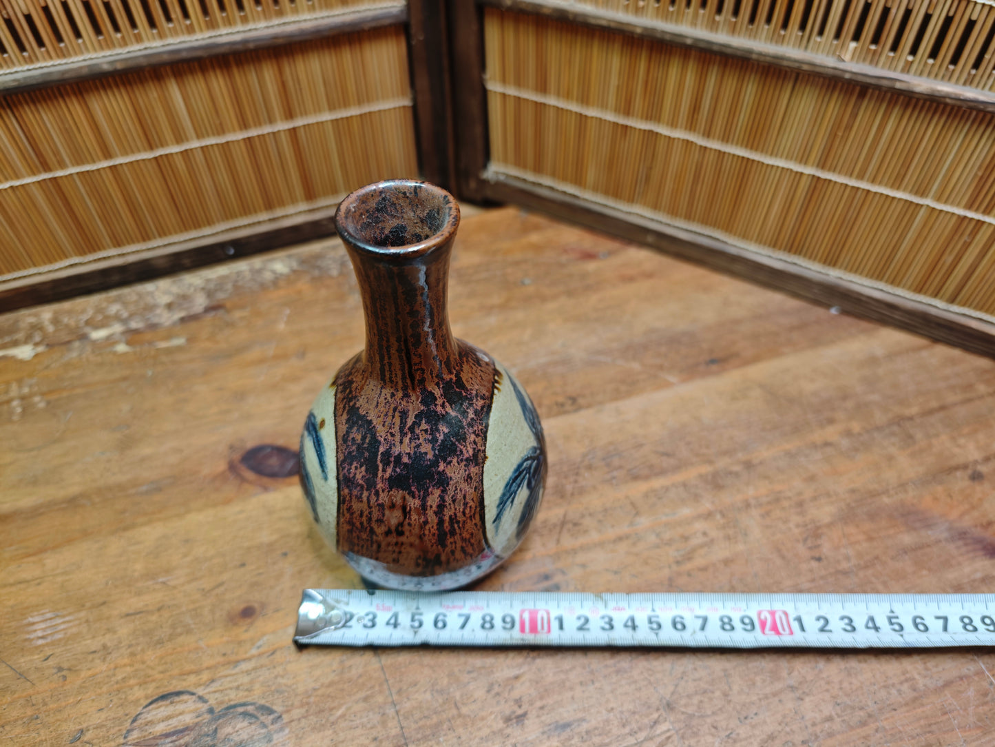 Vintage Okinawa Double Gourd Vase Hand Painted Ceramic Folk Art Japan