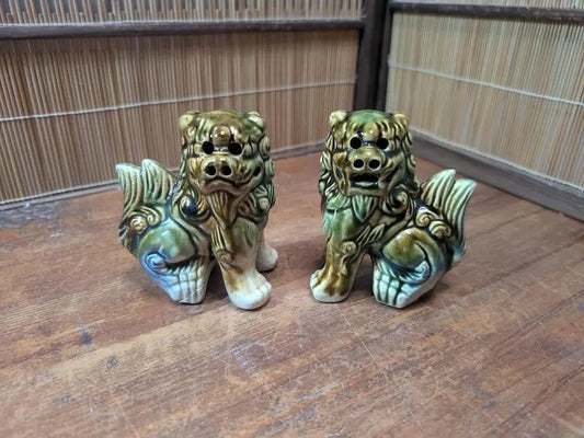 Vintage 1970s Okinawan Shisa Lion Pair Pottery Guardian Statues Japan