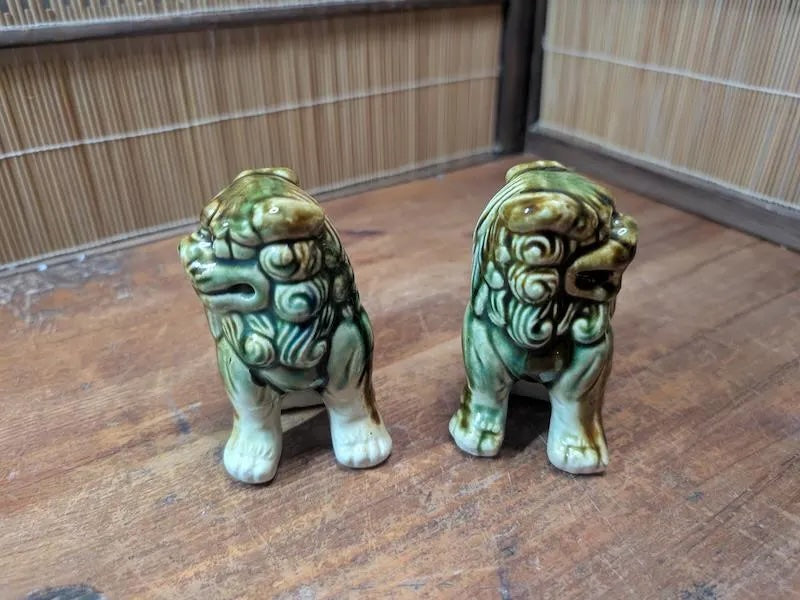 Vintage 1970s Okinawan Shisa Lion Pair Pottery Guardian Statues Japan