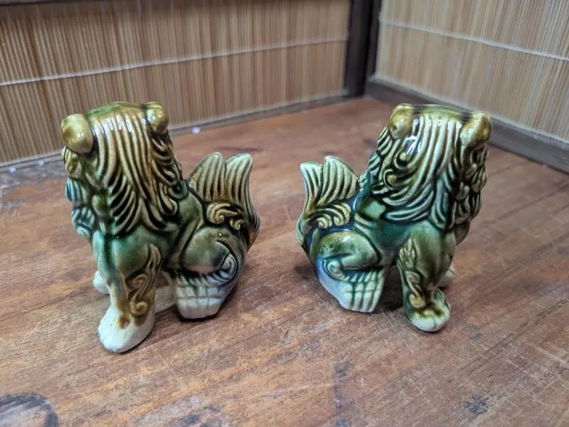 Vintage 1970s Okinawan Shisa Lion Pair Pottery Guardian Statues Japan