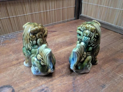 Vintage 1970s Okinawan Shisa Lion Pair Pottery Guardian Statues Japan