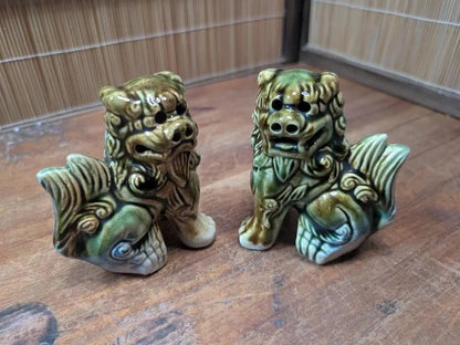 Vintage 1970s Okinawan Shisa Lion Pair Pottery Guardian Statues Japan