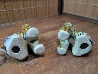 Vintage 1970s Okinawan Shisa Lion Pair Pottery Guardian Statues Japan