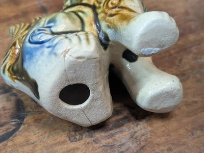 Vintage 1970s Okinawan Shisa Lion Pair Pottery Guardian Statues Japan