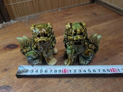 Vintage 1970s Okinawan Shisa Lion Pair Pottery Guardian Statues Japan