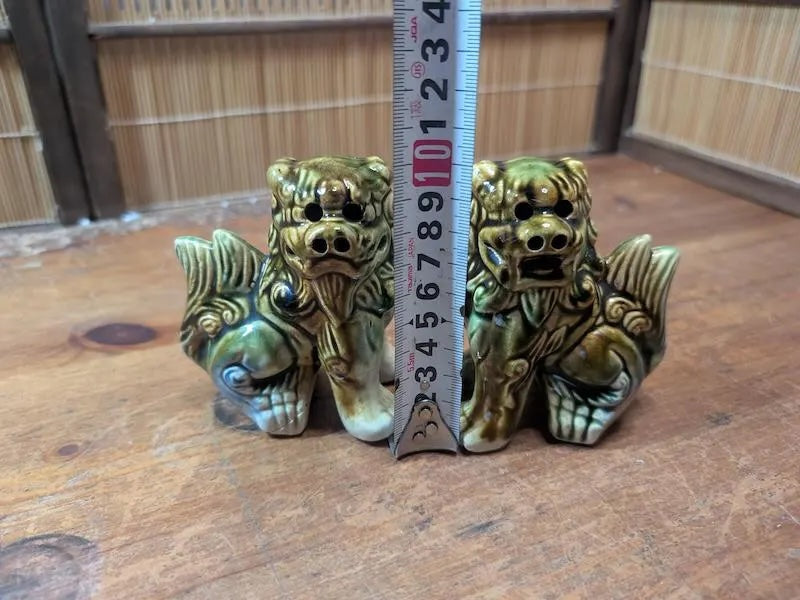 Vintage 1970s Okinawan Shisa Lion Pair Pottery Guardian Statues Japan