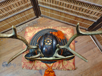 Vintage Japanese Samurai Kabuto Helmet Sword Display Stand Steel Heavy
