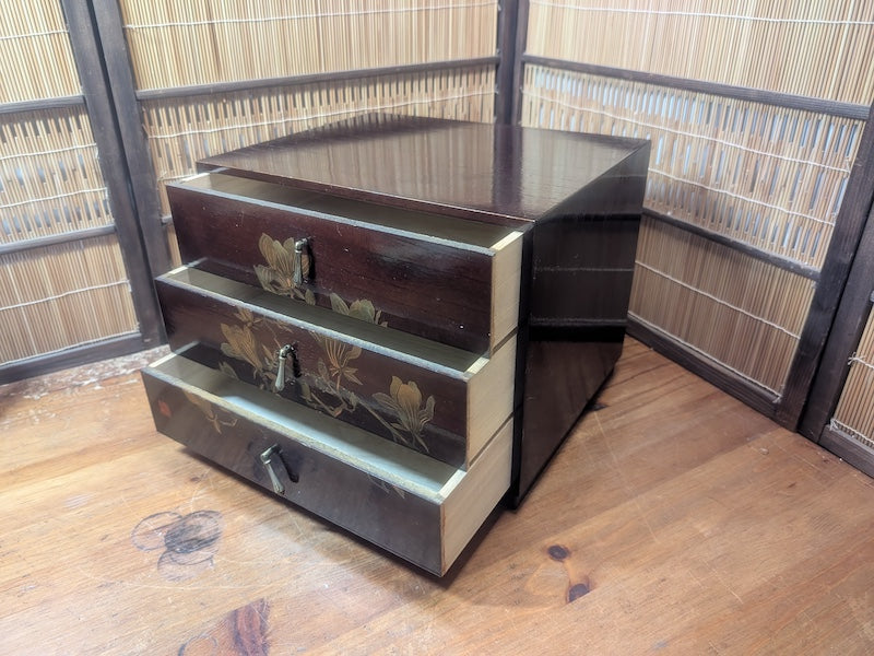 Vintage Wajima Lacquer Jewelry Box Japanese 3 Drawer Storage Chest